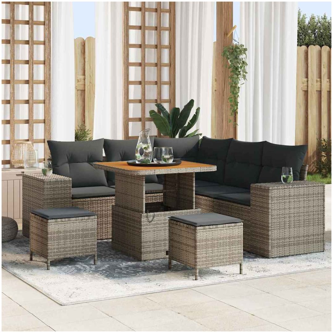 8 Delars Trädgårdsofa Set med Kuddar Grå Poly Rattan Akacia vidaXL Compact