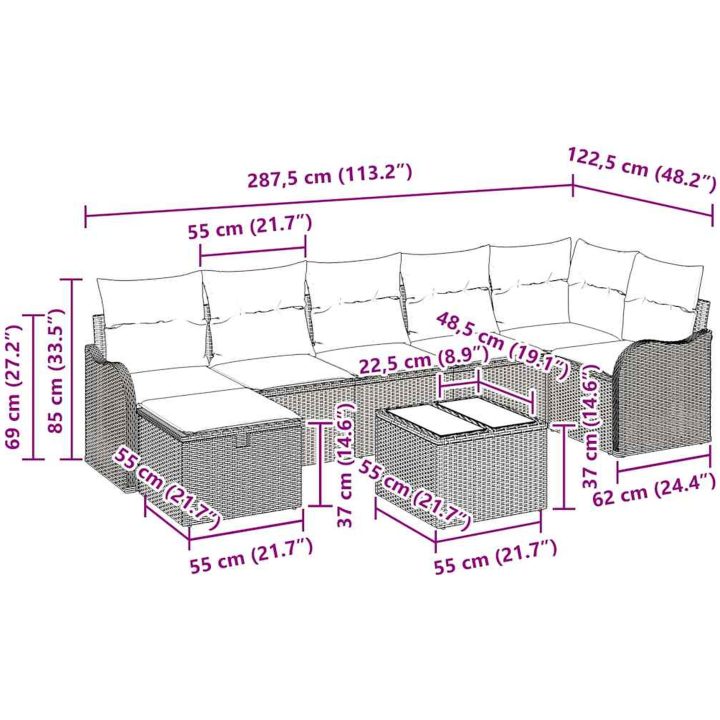 8 delars trädgårdsofa set med kuddar Ljusgrå Poly Rottning vidaXL Stor – bild 11