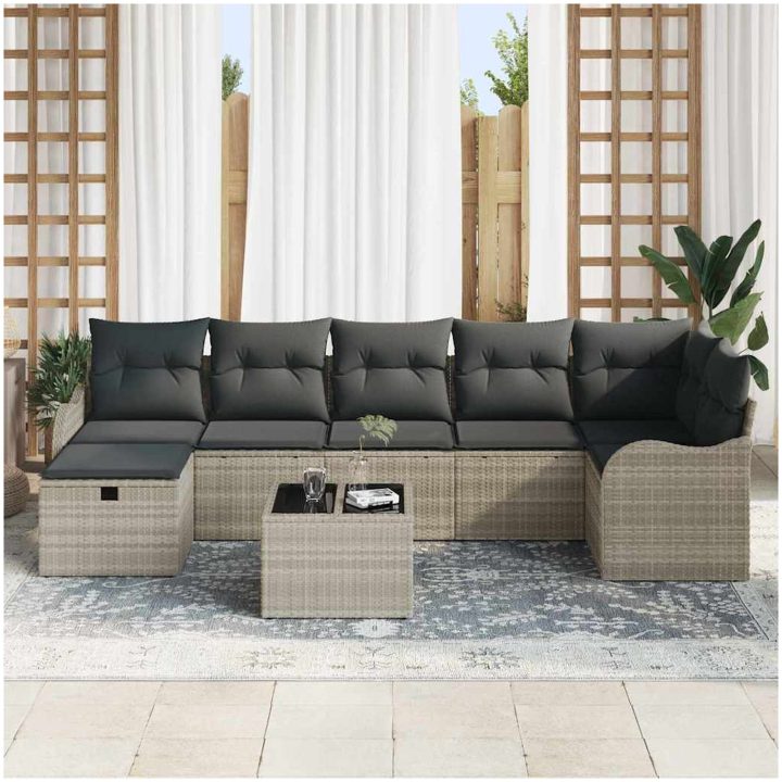 8 delars trädgårdsofa set med kuddar Ljusgrå Poly Rottning vidaXL Stor – bild 3