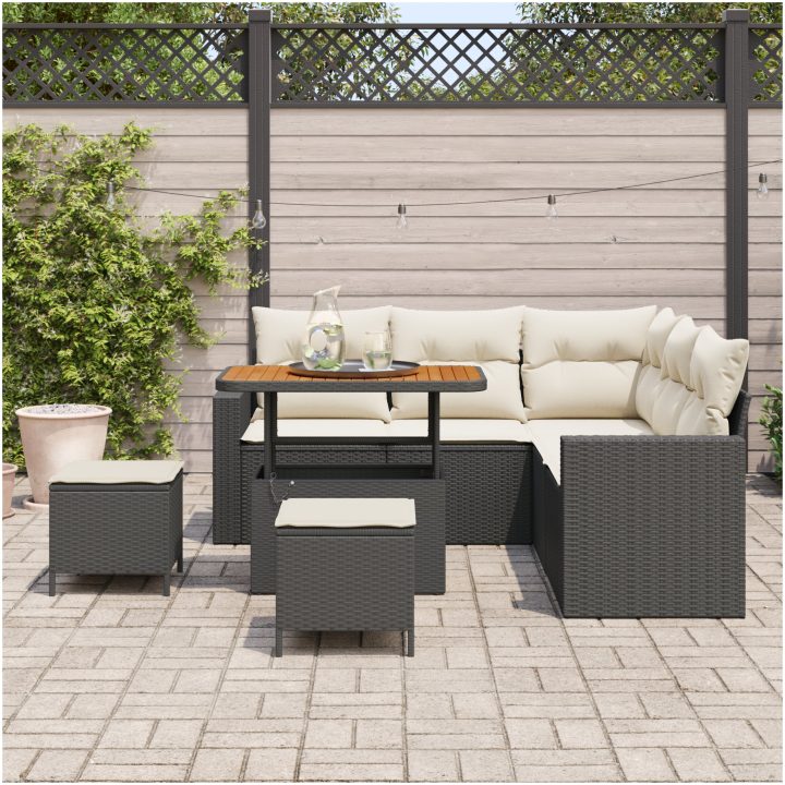 8-delars trädgårdsofa-set med kuddar svart poly rattan akacia vidaXL Medium – bild 3