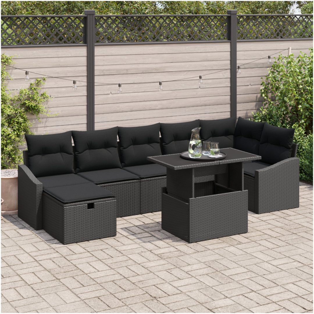 8-delars trädgårdsofagruppe med kuddar svart poly rattan vidaXL 100 x 55 x 73 cm