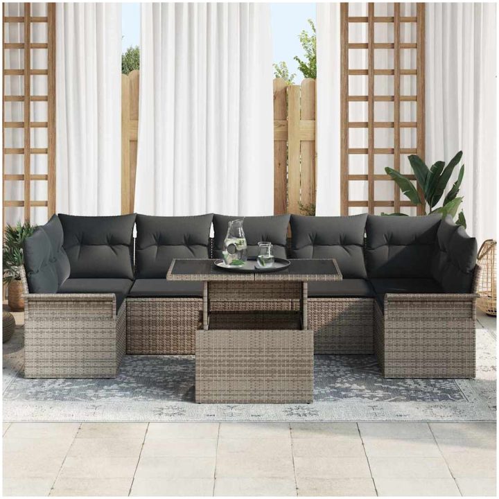 8 delars Trädgårdsoff set med dynor Grå poly rattan vidaXL Stor – bild 3