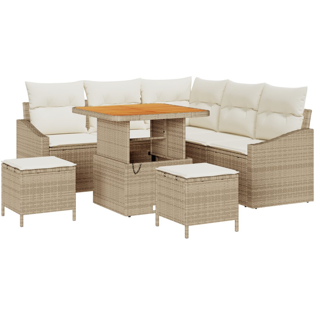 8-delars trädgårdsoff set med kuddar beige poly rattan acacia vidaXL Stor – bild 2