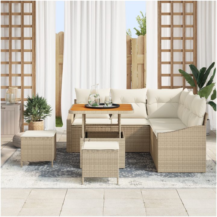 8-delars trädgårdsoff set med kuddar beige poly rattan acacia vidaXL Stor – bild 3