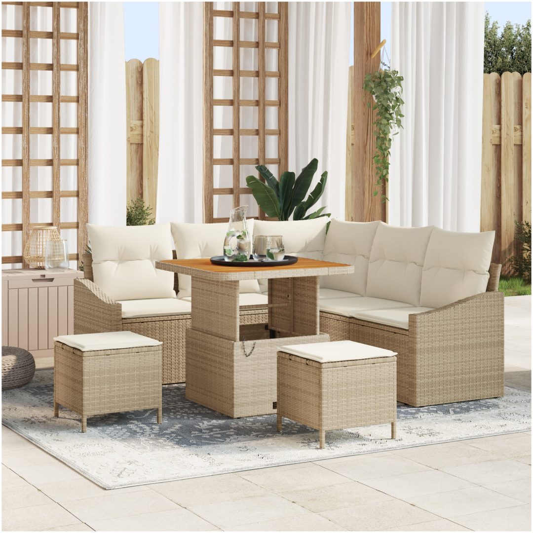 8-delars trädgårdsoff set med kuddar beige poly rattan acacia vidaXL Stor