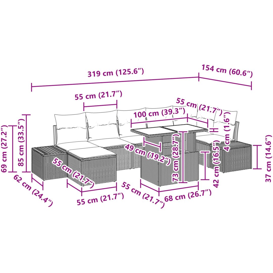 8-delars trädgårdsoff set med kuddar, beige poly rattan vidaXL 100 x 55 x 73 cm – bild 12