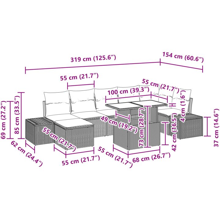 8-delars trädgårdsoff set med kuddar, beige poly rattan vidaXL 100 x 55 x 73 cm – bild 12