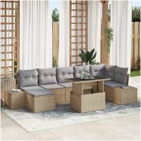 8-delars trädgårdsoff set med kuddar, beige poly rattan vidaXL