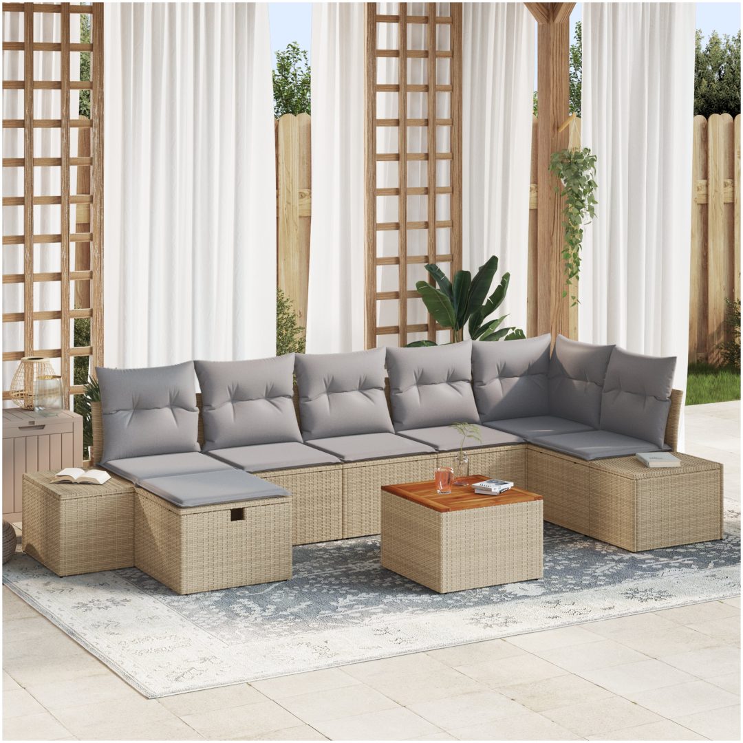 8 Delars Trädgårdsoff Set med Kuddar Beige Poly Rattan vidaXL 55 x 55 x 37 cm