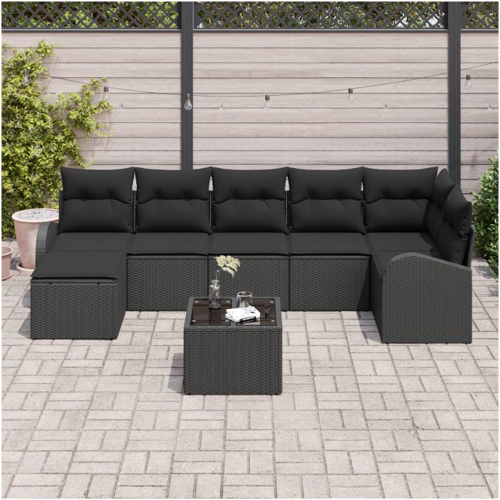 8-delars trädgårdsoff set med kuddar, beige poly-rattan vidaXL Stor – bild 3