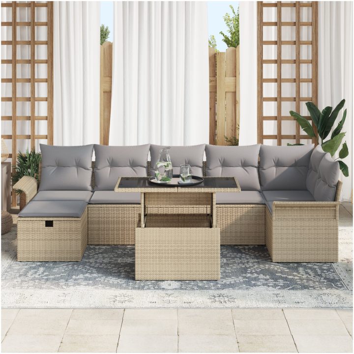 8-delars trädgårdsoff set med kuddar Beige Poly rotting vidaXL 100 x 55 x 73 cm – bild 3