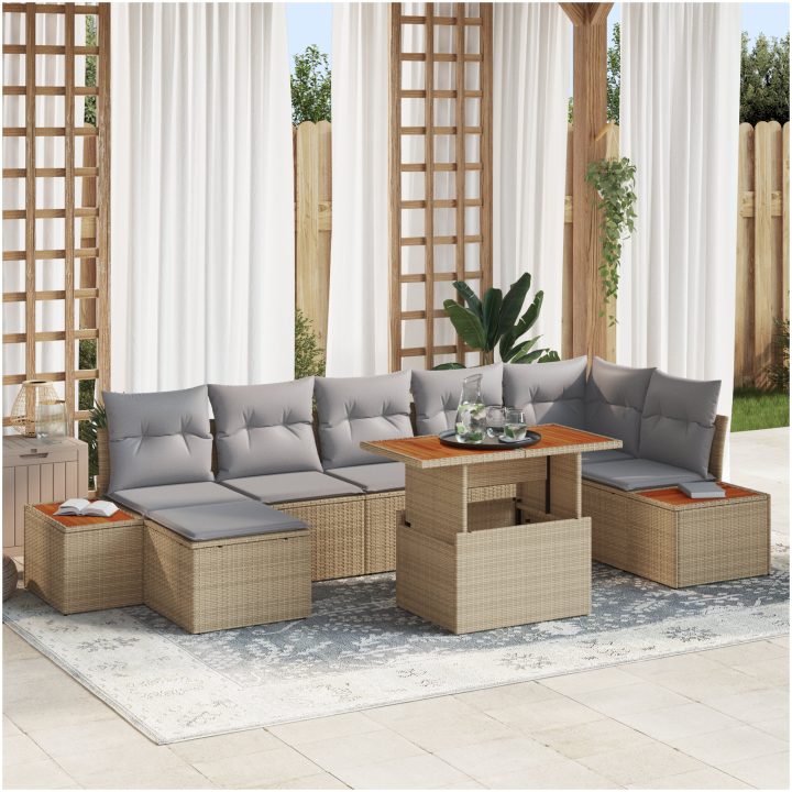 8-delars trädgårdsoff set med kuddar Beige Poly rotting vidaXL Stor – bild 6