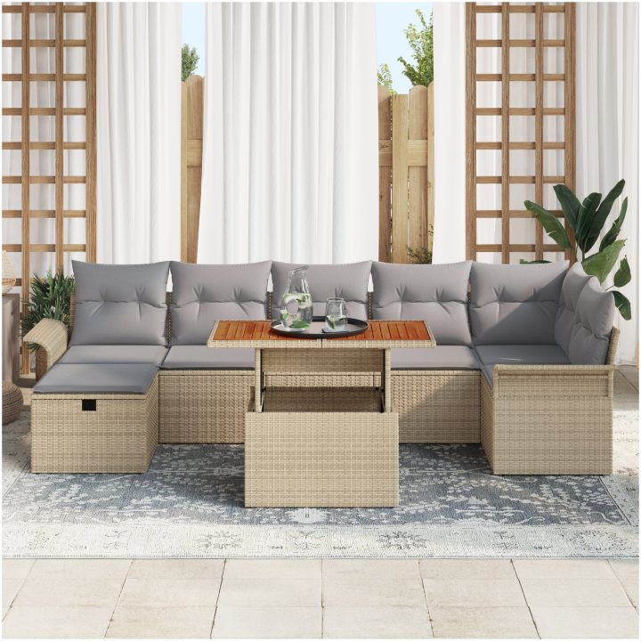 8-delars trädgårdsoff-set med kuddar beige polyrotting vidaXL 100 x 55 x 73 cm – bild 3