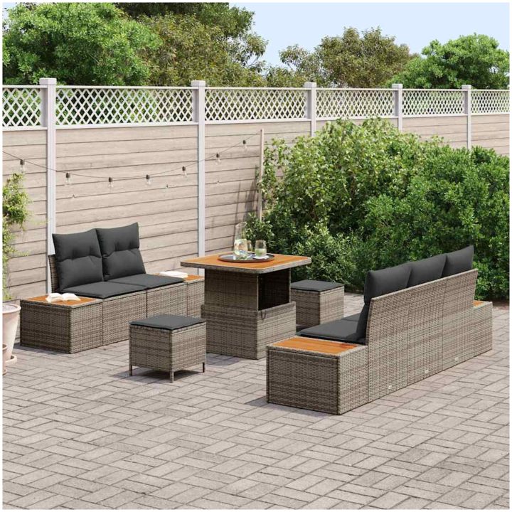 8 Delars Trädgårdsoff Set med Kuddar Grå Poly Rattan Akacia vidaXL Medium – bild 3