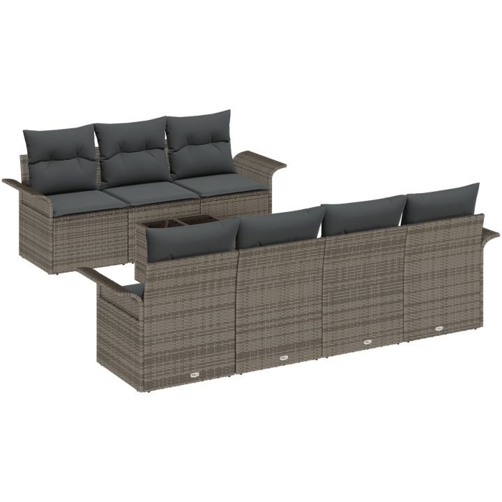 8-delars Trädgårdsoff-set med kuddar Grå Poly Rattan vidaXL 55 x 55 x 37 cm – bild 2