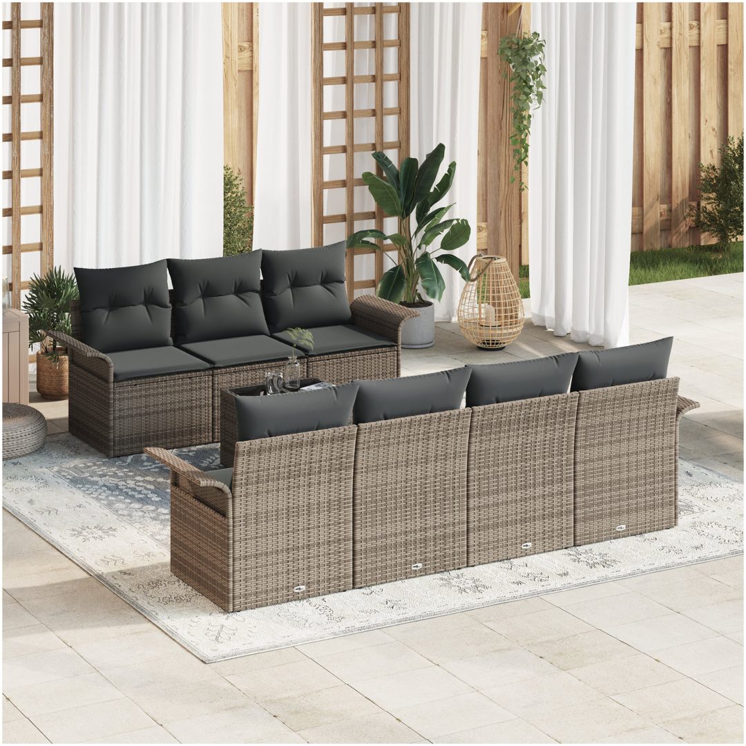 8-delars Trädgårdsoff-set med kuddar Grå Poly Rattan vidaXL 55 x 55 x 37 cm