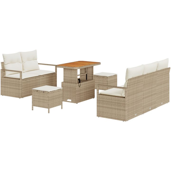 8 Delars Trädgårdsoff Set med Kuddar i Beige Poly Rattan och Akacia vidaXL Medium – bild 2