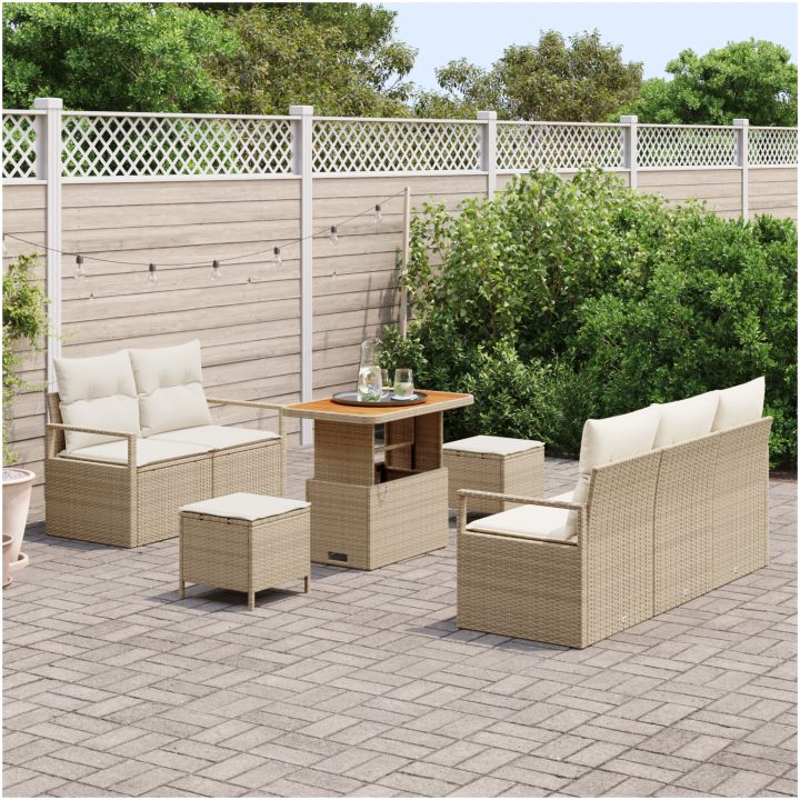 8 Delars Trädgårdsoff Set med Kuddar i Beige Poly Rattan och Akacia vidaXL Medium – bild 3