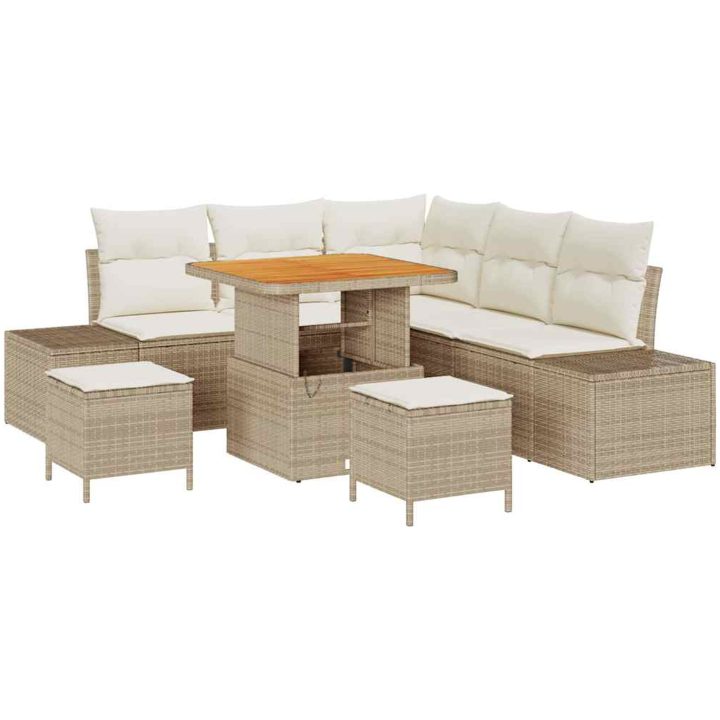 8-delars trädgårdsoff-set med kuddar i beige poly rattan och akacia. vidaXL Medium – bild 2