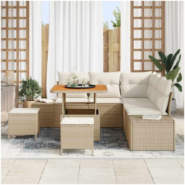 8-delars trädgårdsoff-set med kuddar i beige poly rattan och akacia. vidaXL Medium – bild 3