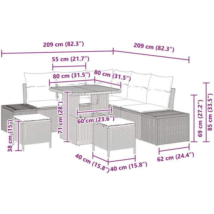 8-delars trädgårdsoff-set med kuddar i beige poly rattan och akacia. vidaXL Medium – bild 10