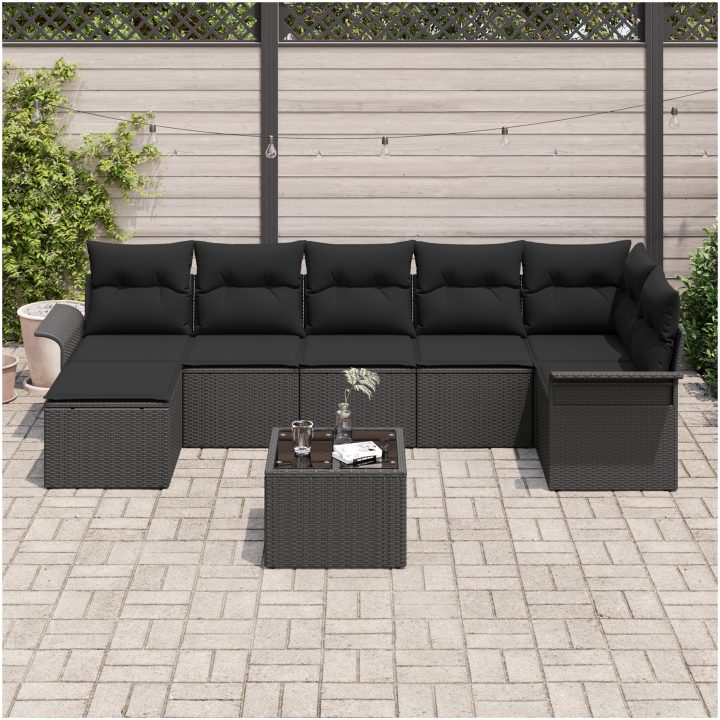 8-delars trädgårdsoff-set med kuddar i beige poly-rattan vidaXL 55 x 55 x 37 cm – bild 3