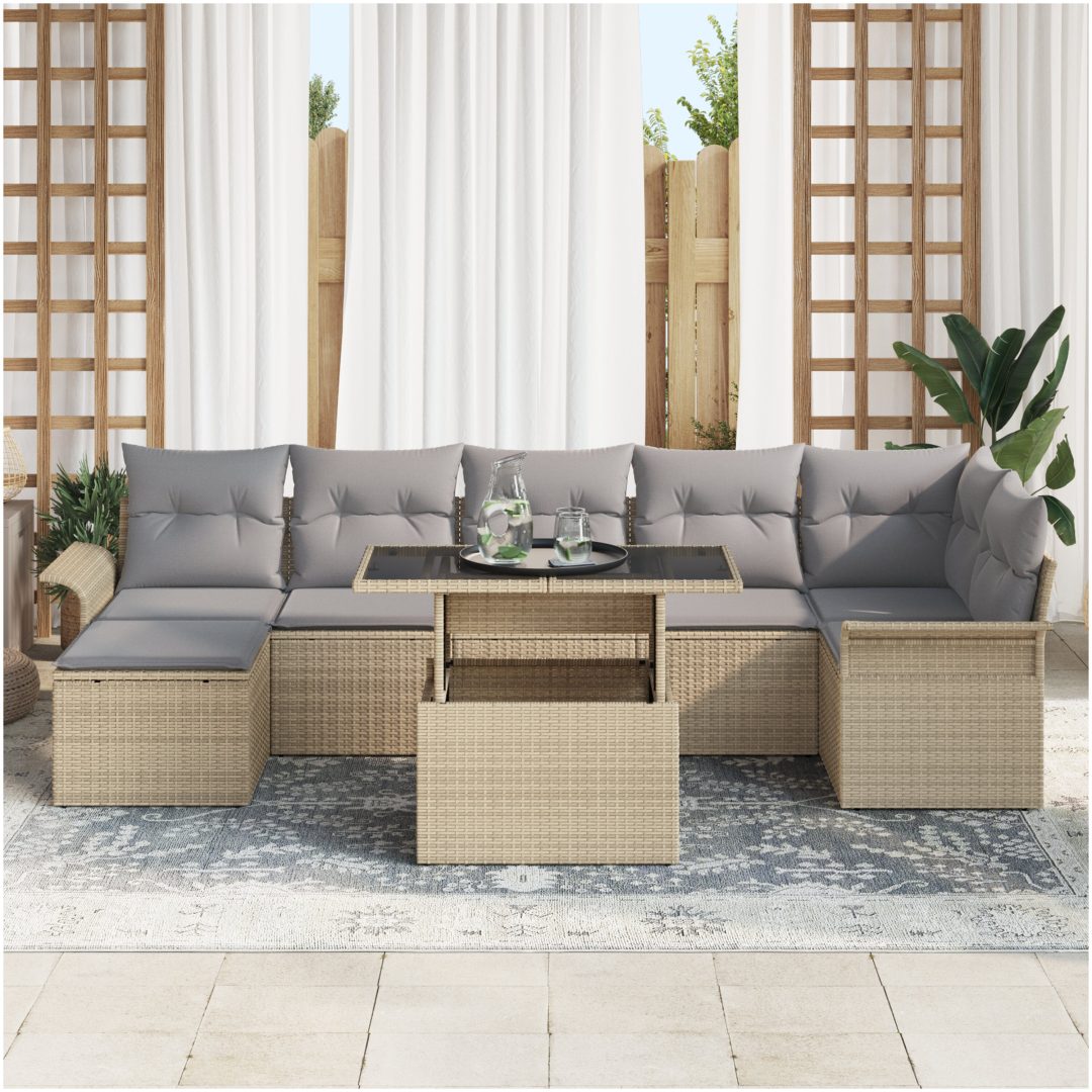 8-delars trädgårdsoff-set med kuddar i beige polyrotting vidaXL 100 x 55 x 73 cm – bild 3