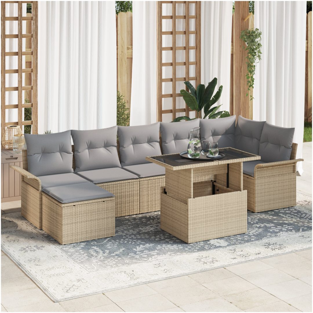 8-delars trädgårdsoff-set med kuddar i beige polyrotting vidaXL 100 x 55 x 73 cm