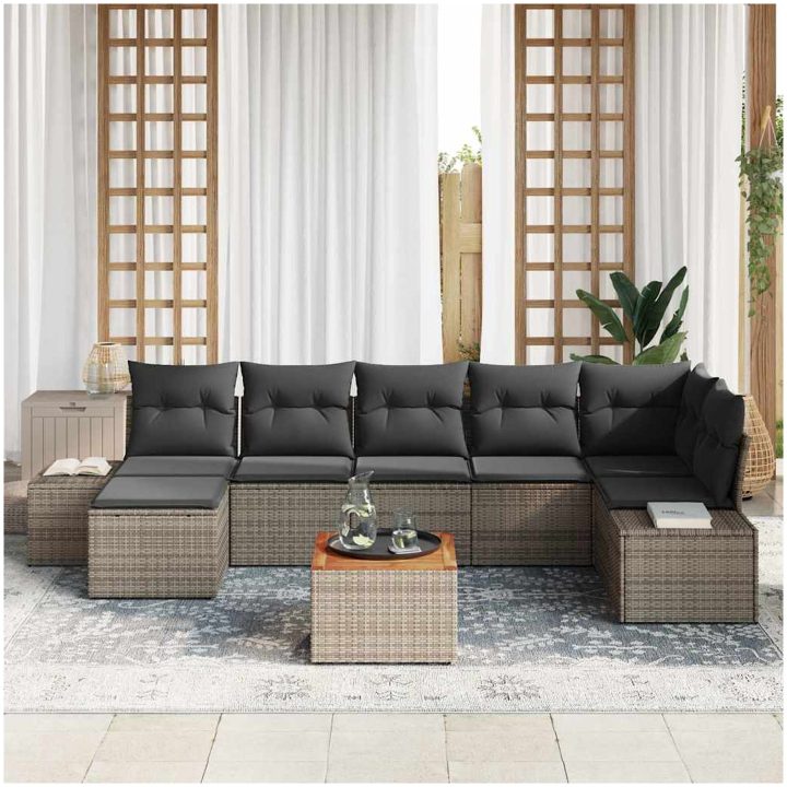 8-delars trädgårdsoff-set med kuddar i grå poly-rattan och akacia vidaXL 55 x 55 x 37 cm – bild 3