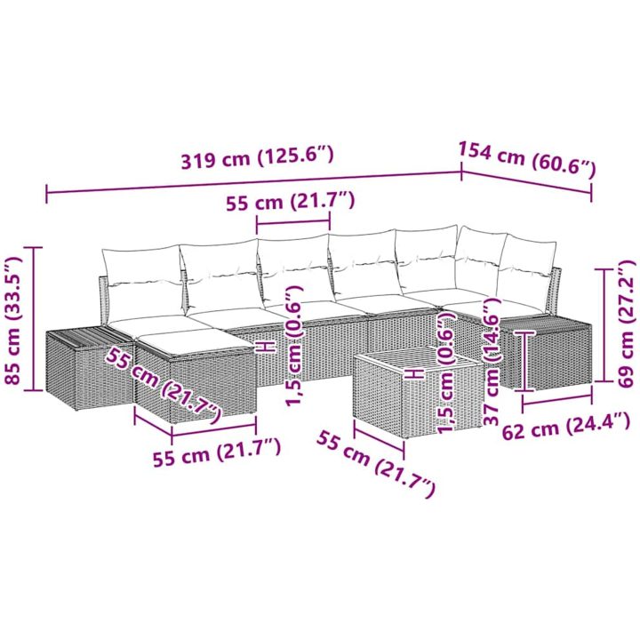 8-delars trädgårdsoff-set med kuddar i grå poly-rattan och akacia vidaXL 55 x 55 x 37 cm – bild 10