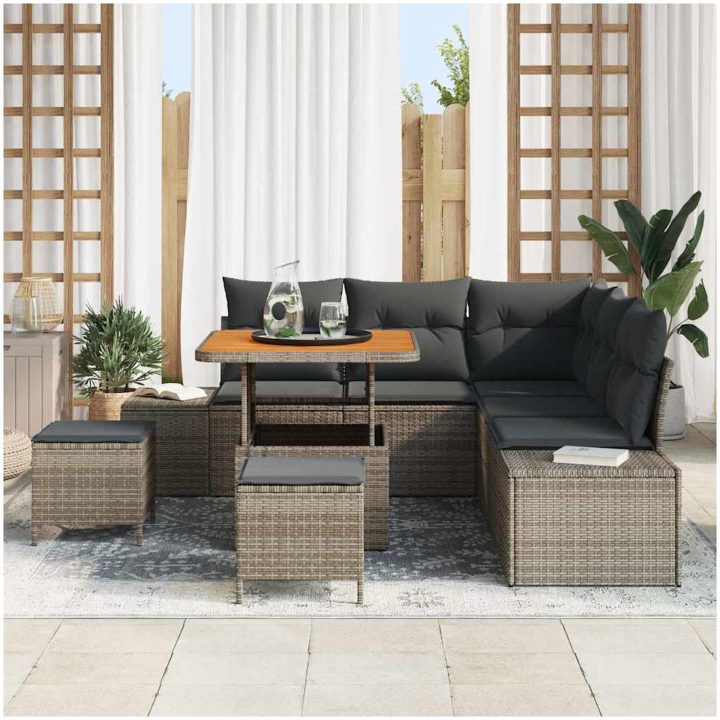 8-delars trädgårdsoff-set med kuddar i grå poly rattan och akacia vidaXL 80 x 80 x 71 cm – bild 3