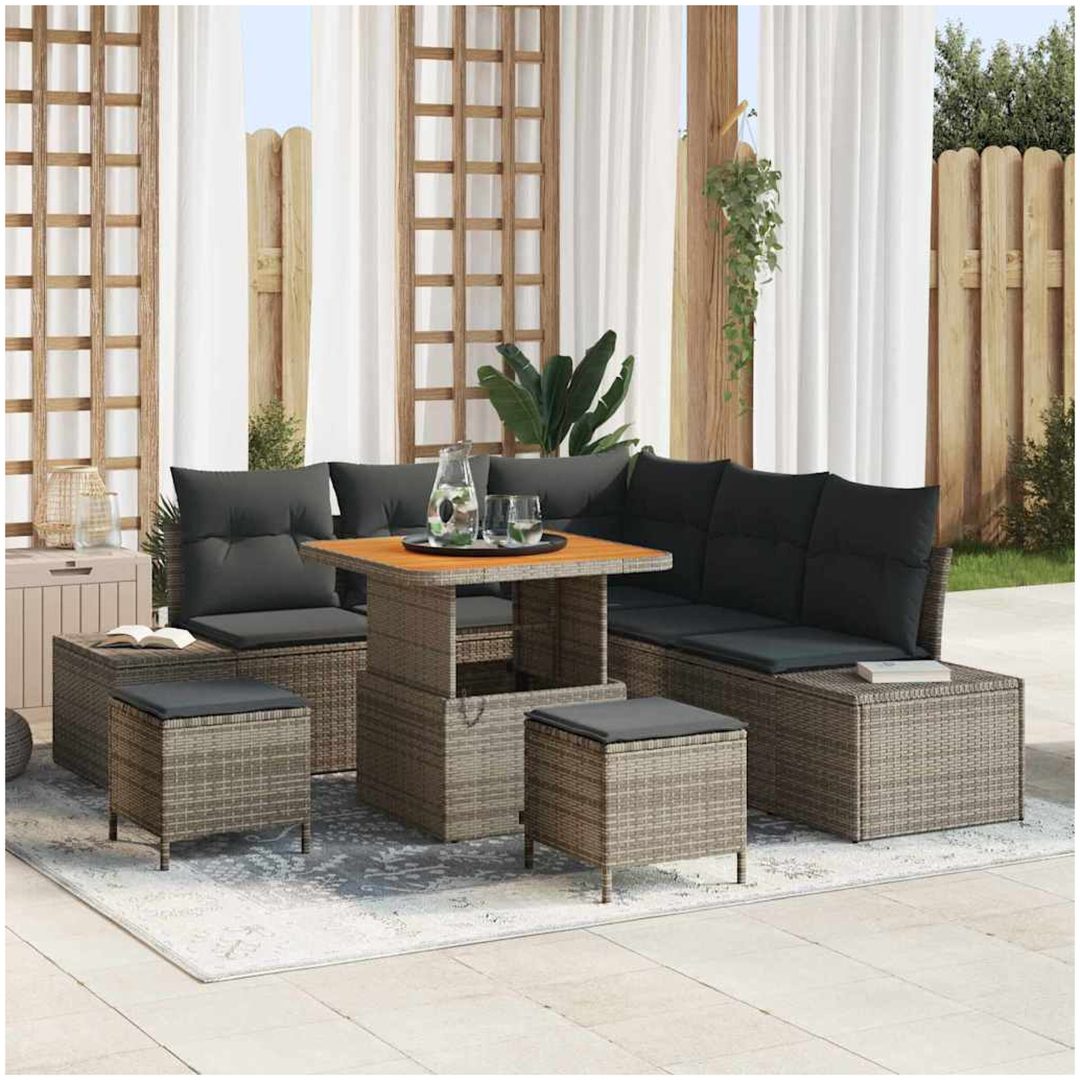 8-delars trädgårdsoff-set med kuddar i grå poly rattan och akacia vidaXL 80 x 80 x 71 cm