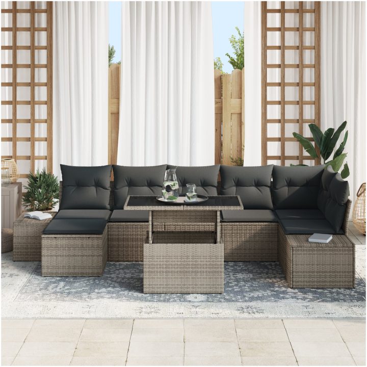 8-delars trädgårdsoff-set med kuddar i grå poly-rattan vidaXL 100 x 55 x 73 cm – bild 3