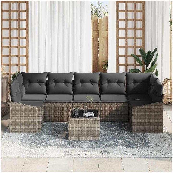 8-delars trädgårdsoff set med kuddar i grå poly rattan vidaXL 55 x 55 x 37 cm – bild 3