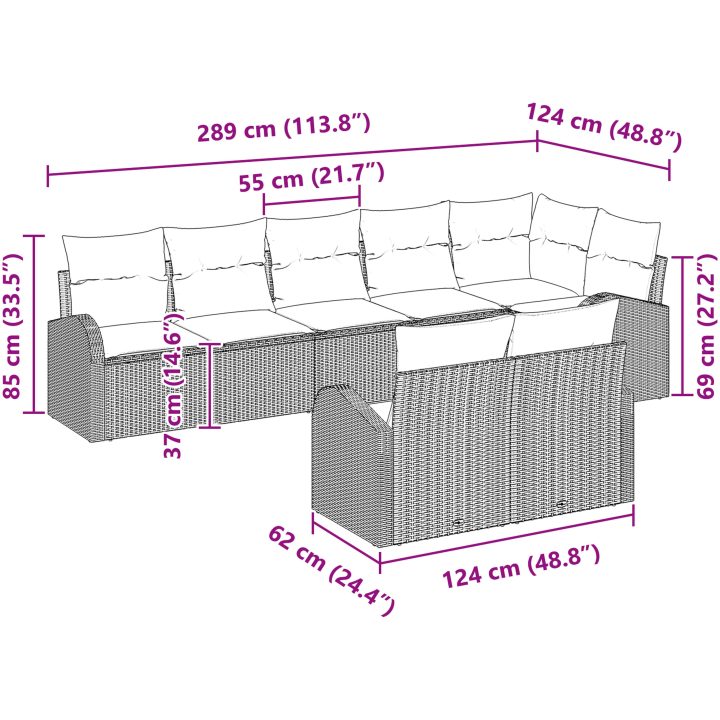 8-delars trädgårdsoff-set med kuddar i grå polyrotting vidaXL 289 x 124 x 85 cm – bild 11
