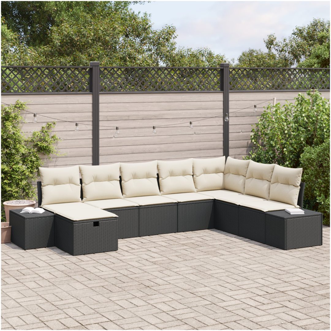 8-delars trädgårdsoff-set med kuddar i svart poly rattan vidaXL 319 x 209 x 85 cm