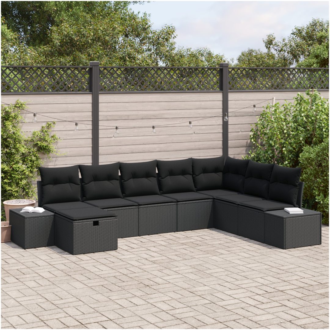8-delars trädgårdsoff-set med kuddar i svart polyrotting vidaXL 319 x 209 x 85 cm
