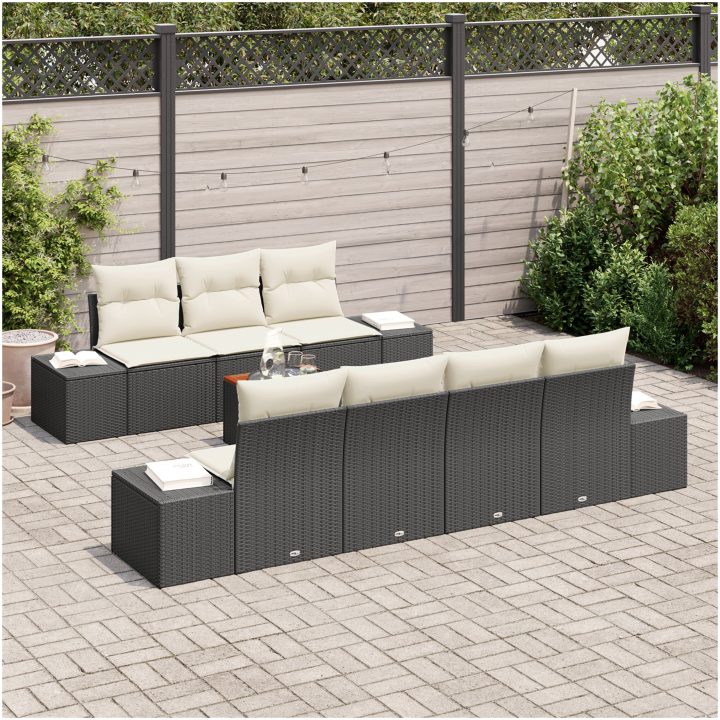 8 Delars Trädgårdsoff Set Med Kuddar, Svart Poly Rattan & Akacia vidaXL 55 x 55 x 37 cm – bild 3