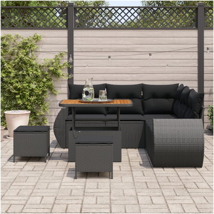 8-delars trädgårdsoff set med kuddar svart poly rattan akacia vidaXL Stor – bild 3