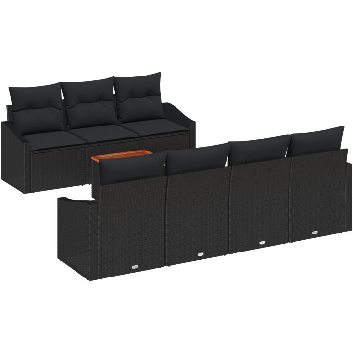 8-delars trädgårdsoff-set med kuddar, svart poly-rattan och akacia vidaXL 55 x 55 x 37 cm – bild 2