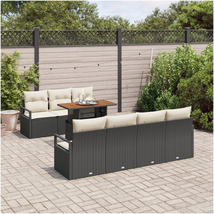 8-delars trädgårdsoff-set med kuddar, svart poly rattan och akacia vidaXL Stor – bild 3