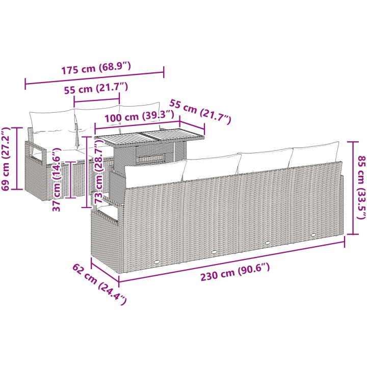 8-delars trädgårdsoff-set med kuddar, svart poly rattan och akacia vidaXL Stor – bild 10