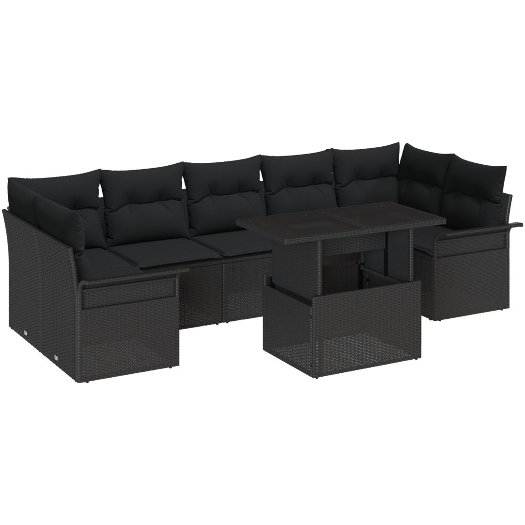 8-delars trädgårdsoff-set med kuddar, svart poly-rattan vidaXL 100 x 55 x 73 cm – bild 2