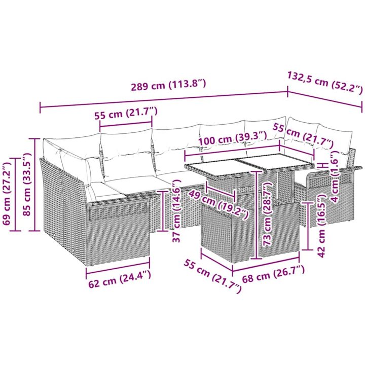 8-delars trädgårdsoff-set med kuddar, svart poly-rattan vidaXL 100 x 55 x 73 cm – bild 11