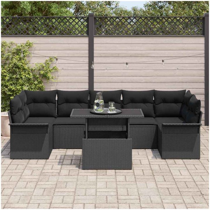 8-delars trädgårdsoff-set med kuddar, svart poly-rattan vidaXL 100 x 55 x 73 cm – bild 3