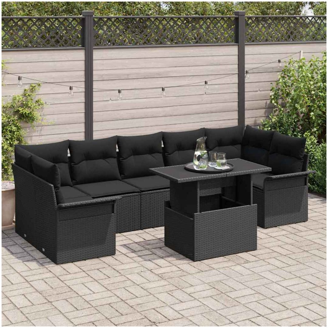 8-delars trädgårdsoff-set med kuddar, svart poly-rattan vidaXL 100 x 55 x 73 cm