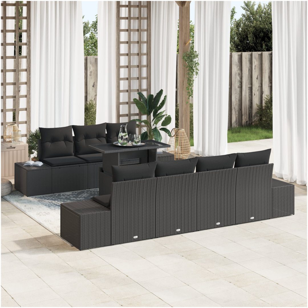 8-delars trädgårdsoff-set med kuddar, svart poly-rattan. vidaXL 100 x 55 x 73 cm
