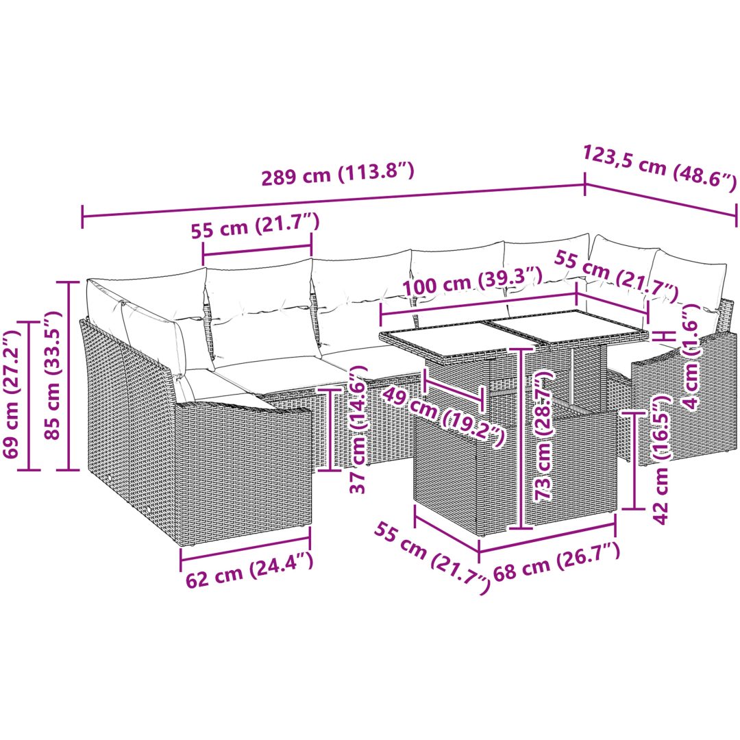 8-delars trädgårdsoffa med kuddar i ljusgrå poly-rattan vidaXL 100 x 55 x 73 cm – bild 11