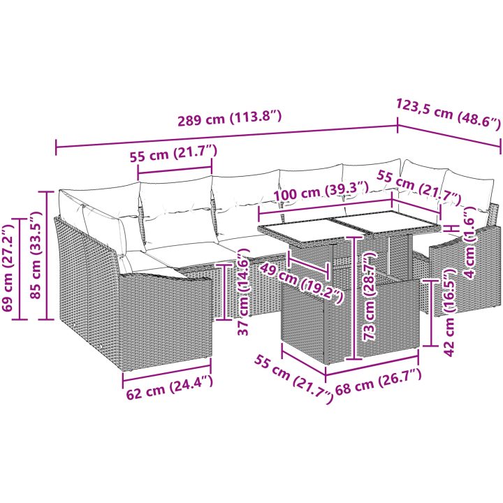 8-delars trädgårdsoffa med kuddar i ljusgrå poly-rattan vidaXL 100 x 55 x 73 cm – bild 11