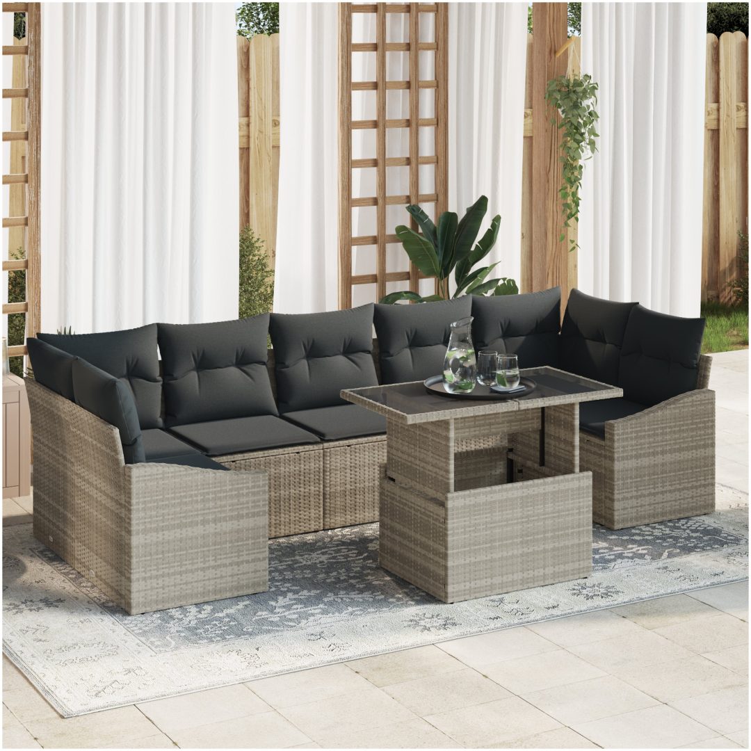 8-delars trädgårdsoffa med kuddar i ljusgrå poly-rattan vidaXL 100 x 55 x 73 cm